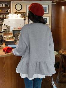 DAZY Sudadera casual con cuello redondo, decoración de perlas y forro térmico para mujer, para otoño/invierno - Gris - Ver 7
