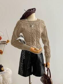 SHEIN LUNE Áo len chui đầu dài tay trễ vai dệt kim màu nâu tối giản sang trọng dành cho nữ, Thu/Đông - Lạc đà - Xem 4