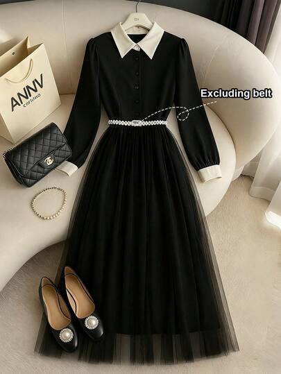 GlowEve 女士秋冬新款黑色和杏色拼色修身网眼拼接A字连衣裙