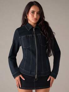 SHEIN BAE Autumn Winter Party: Stylish And Sexy Dark Blue Denim Stand Collar Zipper Slim Fit Coat, Casual Denim Coat, Suitable For Casual Commute, Winter Coat, Going Out, Winter For Women, Christmas For Women, New Year Women's - Dark Wash - View 3