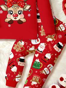 SHEIN Bộ đồ ngủ tay dài mềm mại ấm áp, họa tiết bông tuyết, hình ông già Noel, nơ dễ thương, tuần lộc, người tuyết, bánh gừng hoạt hình, phù hợp mặc ở nhà mùa thu/đông, vừa vặn - Nhiều màu - Xem 5