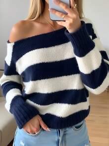 Sparklyn Teen Girl Loose Fit Asymmetrical Shoulder Long Sleeve Striped Sweater, Suitable For Home, Outing, Party, Back To School, Blue And White Sweater, Winter Christmas Halloween - Navy Blue - View 1