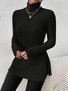 SHEIN Teen Girl Turtleneck Solid Color Long Sleeve T-Shirt With Slit Hem - Black - View 3