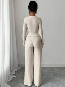 Elenzga Bộ 2 món thời trang nữ màu trơn họa tiết, gồm áo khoác blazer dài tay cổ khoét hai hàng khuy và quần ống đứng dáng rộng cạp cao, phong cách đi làm thanh lịch, thích hợp cho các buổi hẹn hò, đi làm, mùa thu/đông - Màu be - Xem 2