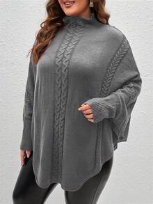 SHEIN LUNE 大码高领纯色斗篷式长袖毛衣 - 深灰色 - 查看 5
