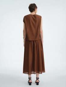 Aalyst Women's Elegant French Style Simple High-End Workwear Casual & Holiday Solid Color Semi-Sheer Viscose-Like Fabric Asymmetrical Tie Bow Sleeveless Shirt + High-Waisted Pleated Pocket Maxi Skirt Suit, Spring/Summer - Coffee Brown - View 6