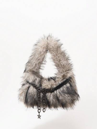 Grunge Punk 2000s Style Women Shoulder Bags,Punk  Rivet Biker Bags,Fur Purse ,Autumn & Winter Wallets, Hobo Handbag(Random Pattern)