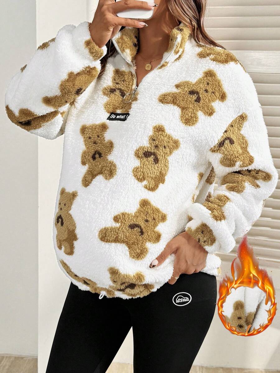 SHEIN Autumn And Winter Pregnant Women's Casual Versatile Bear Print Sweatshirt, Winter - Khaki - View 1