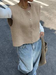 Siren Gaze Women's Casual Solid Color Short Vest Wool Cardigan Metal Button Wool Vest Winter,Fall,Fall Clothes For Women Spring