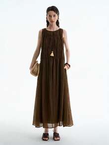 Aalyst Women Elegant Lightweight Luxurious Casual Dress, Loose Fit Sleeveless Round Neck Tencel Fabric, Side Pockets With Drawstring Waist, For Resort/Commute, Spring/Summer - Brown - View 5