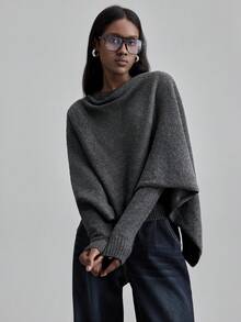 Ontre 2026春夏新款纯色斗篷式针织上衣，女士基础款毛衣，都市通勤商务休闲办公装，优雅派对装，情人节装。 - 深灰色 - 查看 2