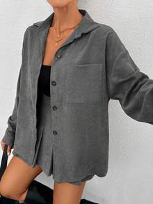 Corduroy Shirt Pleated Skirt Two Pieces Set - Grey - View 3
