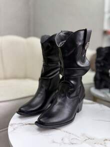 Botas vaqueras bordadas para mujer, de media caña y puntales, estilo vaquera, a la moda. - Negro - Ver 5