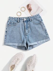 SHEIN EZwear Light Washed Straight Leg Denim Shorts - Light Wash - View 1