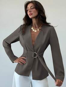 Aloruh Women's Solid Color Long Sleeve Cinched Waist Metal Ring Decor Fashion Blazer - Grey - View 4