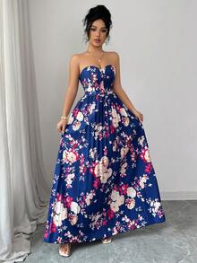 Elenzga 女士优雅浪漫褶皱A字花卉印花无袖连衣裙 - 彩色 - 查看 3