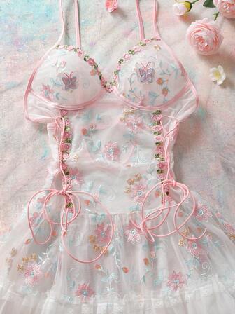 FloralLove Floral Embroidery Patchwork Sheer Lace-Up Design Sexy Nightgown For Women