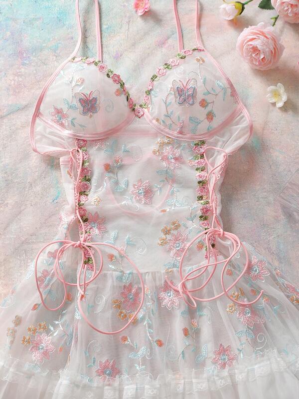 FloralLove Floral Embroidery Patchwork Sheer Lace-Up Design Sexy Nightgown For Women