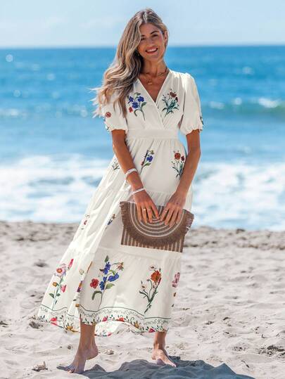 Sylviya 女士休闲花卉印花 V 领收腰短袖连衣裙，适合夏季度假和日常穿着