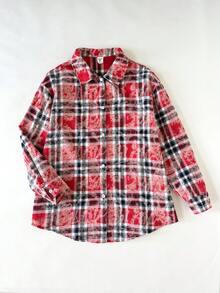 SHEIN Tween Girls Red Plaid Long Polyester Shirt Blouse With Drop Shoulder Sleeves And Asymmetrical Hem Everyday Casual Style Blouse - Red - View 5