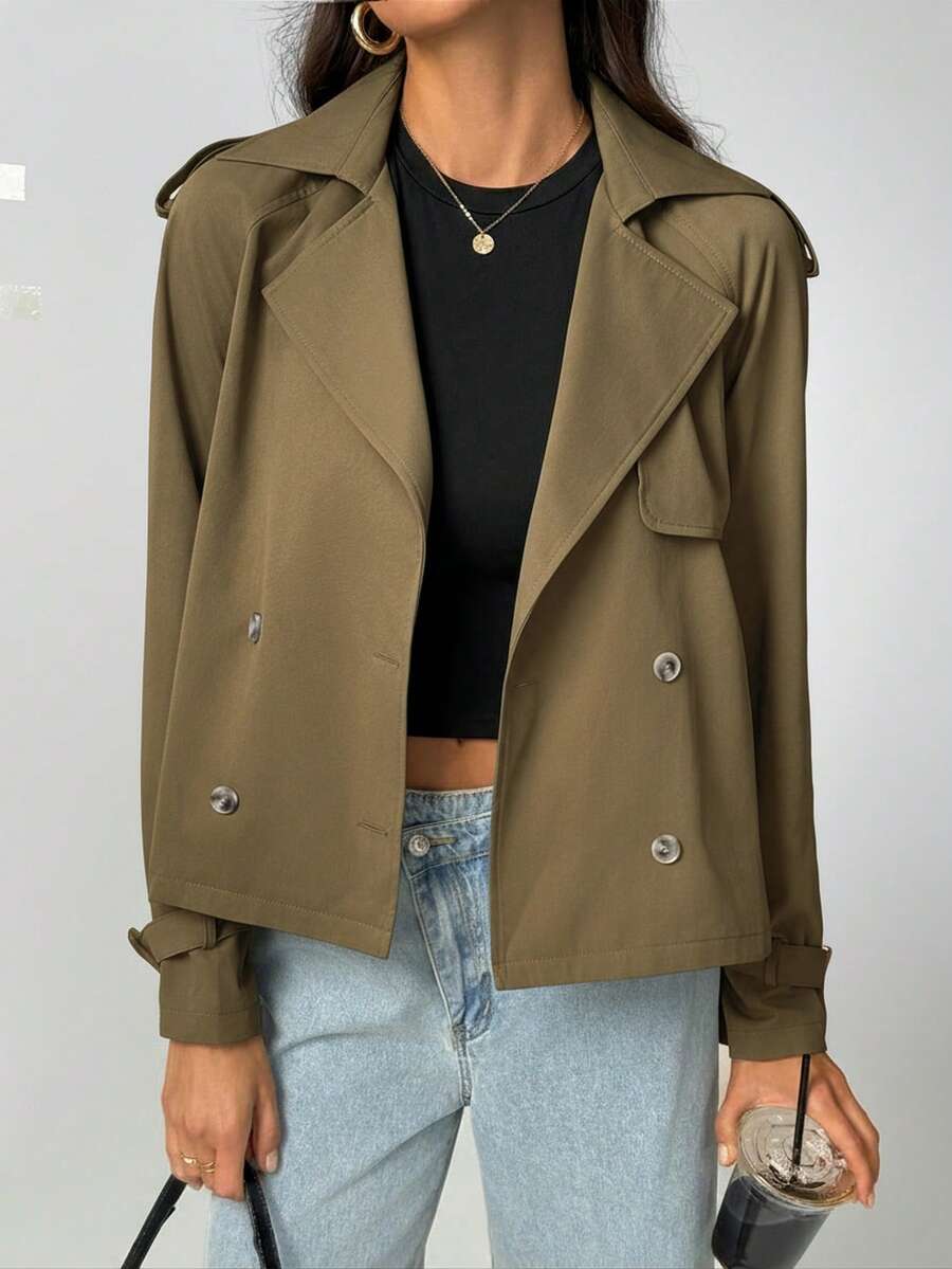 SHEIN Tall 女款短版鈕扣翻領雨衣 英式時尚卡其色正裝下擺風衣 長袖 秋冬日常舒適穿著 卡其色上衣外套 女款休閒夾克 夏季寬鬆短版夾克 高個子女性適用 - 軍綠色 - 查看 1