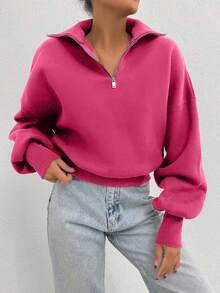 EURMUSE 100% Cotton Collar With Zipper Pattern Oversize Sweatshirt - Pink - View 6