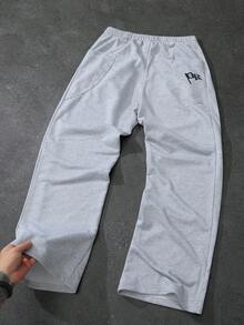 Manfinity Roghcode Men's Fashionable Loose Fit Wide Leg Sweatpants,Star Print Knit Sports Pants,Elastic Waist,Dark Grey,Summer,Streetwear,Gym,Light Grey,Back To School - Light Grey - View 2