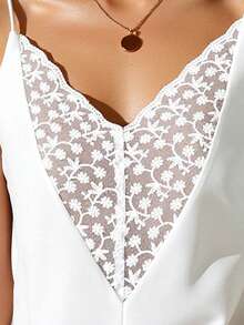 SHEIN LUNE Women's V-Neck Floral Patchwork Flocked Mesh Cami Top - White - View 4