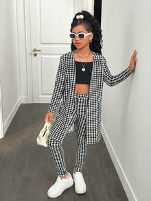 SHEIN Nova Glow Tween Girl NOVA Store, Casual Plaid Print Long Sleeve Cardigan Sweater & Leggings 2 Pieces Set - Black and White - View 4