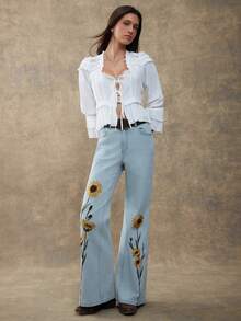 WESTFADE High Rise Floral Embroidered Relaxed Flare Cotton Blend Denim Jeans Cute Fall, Autumn, Winter, Casual Cute Boho, Western Wear, Country Concert - Light Wash - View 1