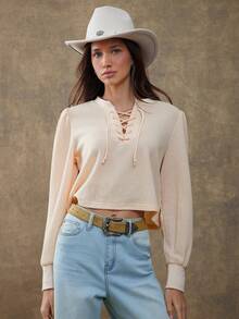 WESTFADE Waffle Knit Notch Neck Lace Up Front Long Puff Sleeve Relaxed Fit Top Fall, Autumn, Winter, Country , Western Wear For Women - Cream - View 4