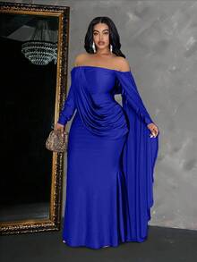 Maweii Plus Size Solid Color Off Shoulder Long Sleeve Fitted Midi Dress - Royal Blue - View 1