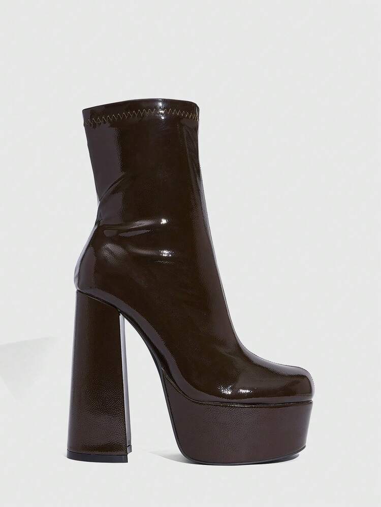 CUCCOO SZL Women Shoes Brown Square Heel Stretch Style Simple Banquet Party Side Zip Women's And Ankle Boots And Boots Women's Boots Stretch Women's Boots