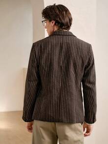 RONVEXI 男士条纹印花双排扣商务长袖西装外套 - 棕色 - 查看 3