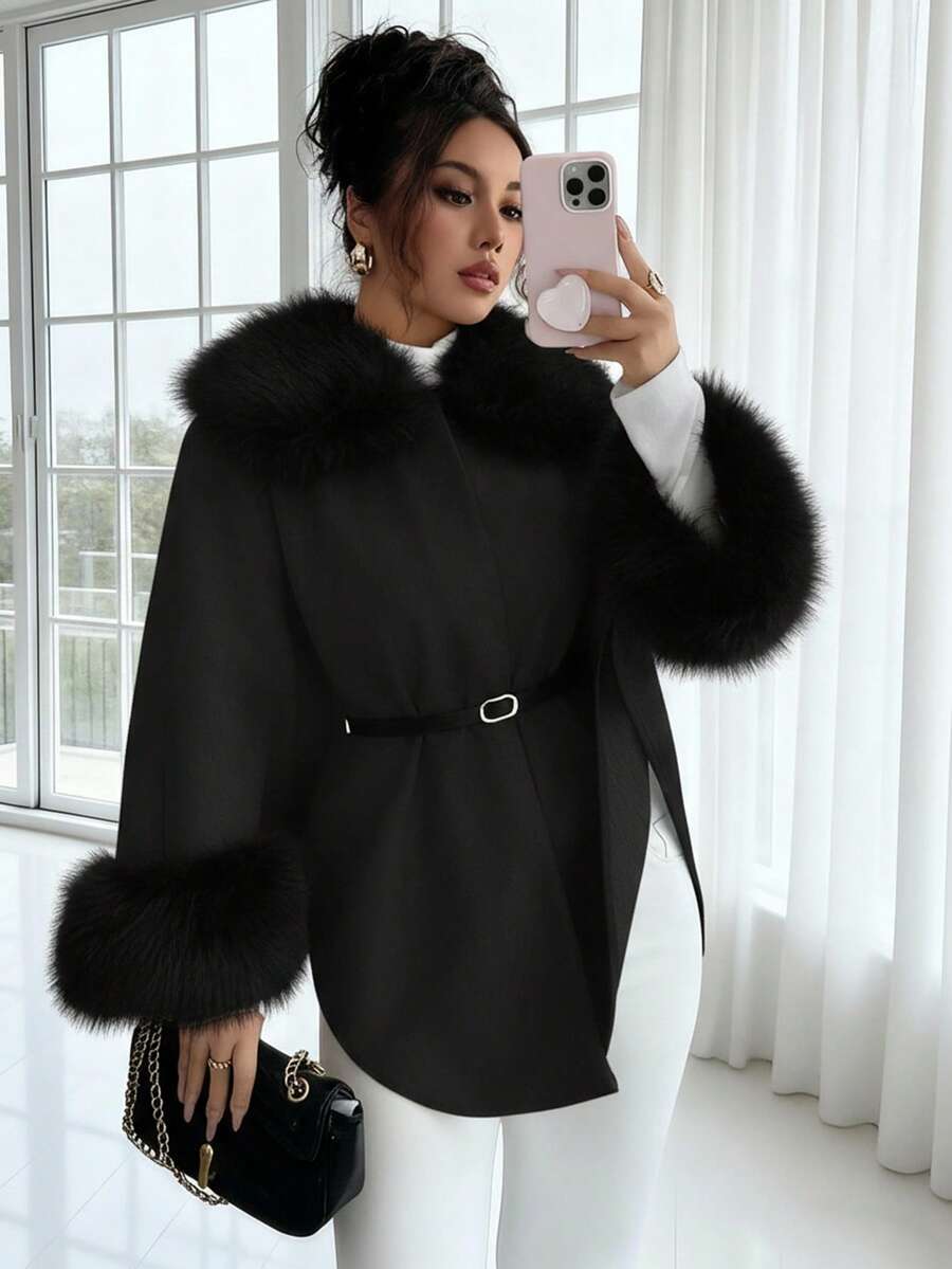 Rafferiza Áo khoác nữ cổ trùm đầu, thắt eo thanh lịch chất lượng cao, thời trang cho mùa thu/đông - màu đen - Xem 1