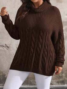 SHEIN LUNE Sweter damski w dużym rozmiarze z wysokim kołnierzem i długimi rękawami, na co dzień, jesień/zima - Kawowy brązowy - Zobacz 6