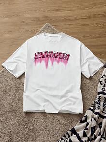 Manfinity VCAY Men's Graphic T-Shirt With Lettering Print And Embroidery Loose Crew Neck Short Sleeve T-Shirt - White - View 1