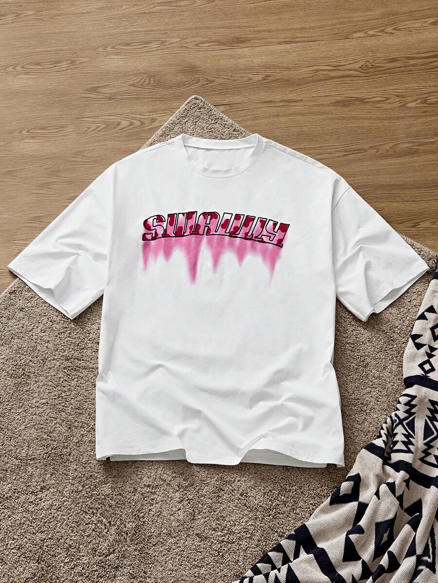 Manfinity VCAY Men's Graphic T-Shirt With Lettering Print And Embroidery Loose Crew Neck Short Sleeve T-Shirt - White - View 1