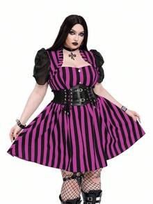 Whyspr Plus Size A-Line Organza Puff Sleeve Patchwork Dress - Purple - View 5