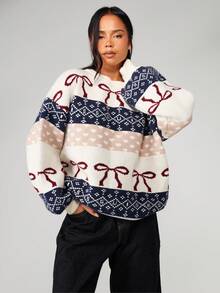MISSGUIDED Áo len Giáng sinh cỡ lớn có họa tiết Fair Isle và chi tiết nơ Áo chui đầu dệt kim ngày lễ cho lễ kỷ niệm mùa đông - Nhiều màu - Xem 1