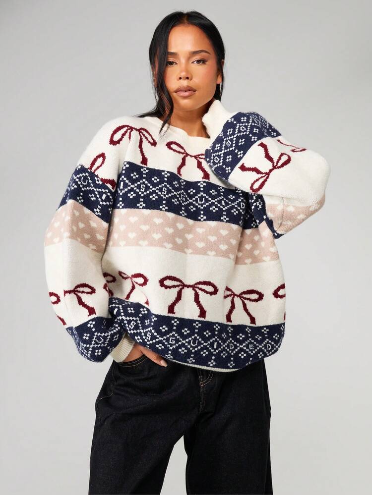 MISSGUIDED Oversized Christmas Jumper With Fair Isle Pattern And Bow Details Holiday Knitted Pullover For Winter Celebrations