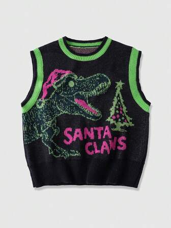 Street Life Gilet casual da uomo in maglia jacquard con motivo a dinosauro