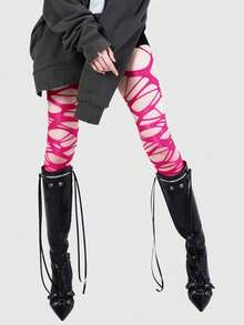 ROMWE Goth Sexy Lady Ripped Fishnet Black Tights - Hot Pink - View 2