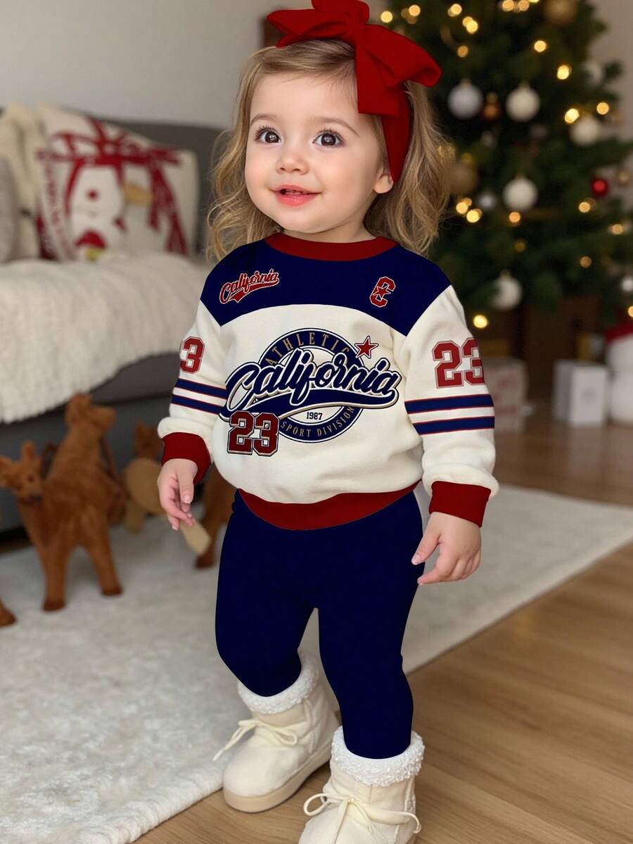 SHEIN 女婴休闲复古字母和数字徽章图案运动衫和紧身裤套装，学院风，柔软厚实圆领长袖套头衫和紧身裤，适合秋冬季 - 彩色 - 查看 1