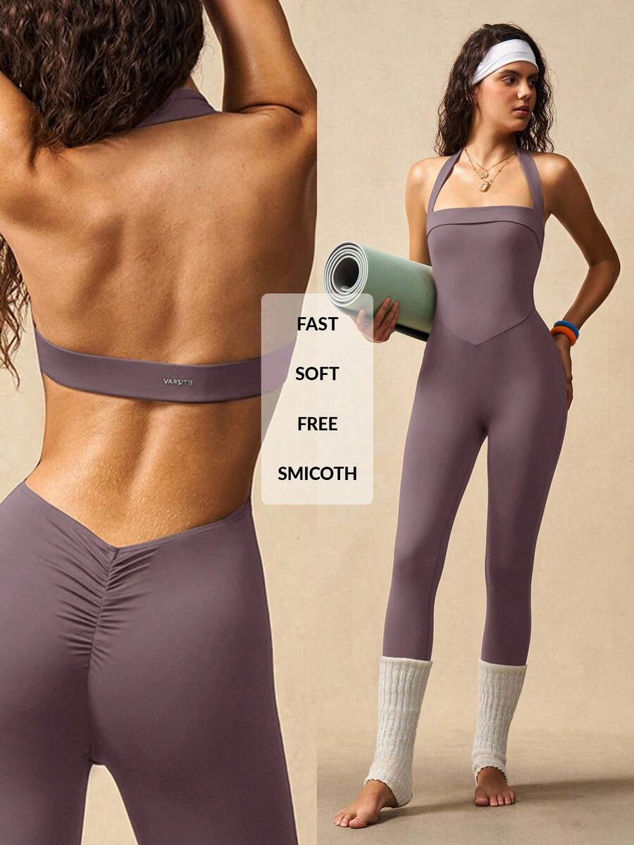 VARSIVA Women's Casual Sports Solid Color Halter Backless Jumpsuit - Dusty Purple - View 1