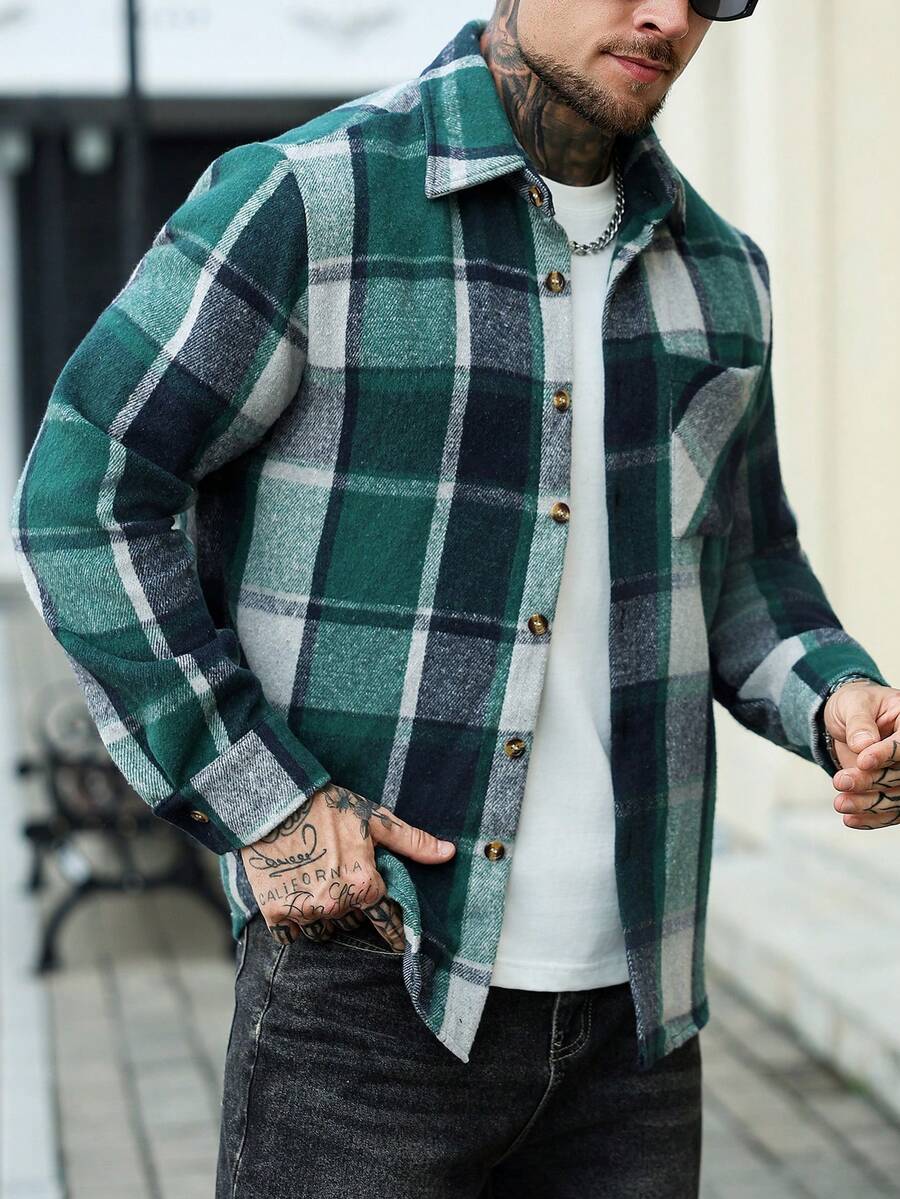 Manfinity Homme Men's Casual Regular Shoulder Front Button Plaid Long Sleeve Shacket Flannels For Men Checkered Shirt Shacket, For Winter - Green - View 1