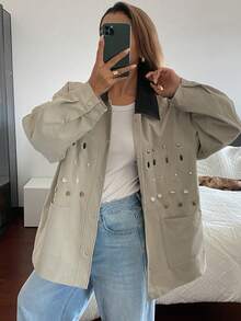 Livesso Chaqueta acolchada para mujer con decoraciones de strass, lentejuelas, cuentas y hebilla de metal, estilo casual suelto para la calle en otoño e invierno