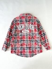 SHEIN Tween Girls Red Plaid Long Polyester Shirt Blouse With Drop Shoulder Sleeves And Asymmetrical Hem Everyday Casual Style Blouse - Red - View 3