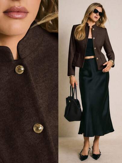 Poéselle 女士纯色立领插肩袖前襟纽扣休闲百搭冬季外套，棕色，适合女性办公室着装