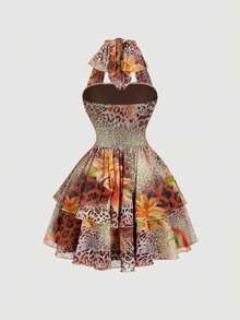 SHEIN MOD 豹纹和花卉印花复古女式吊带裙 - 秋冬连衣裙、外出连衣裙、返校装、沙滩裙、节日装、太阳裙、狂欢节服装、复古 70 年代、Y2K、约会、派对、宫廷、节日、生日、舞会、波西米亚风、垃圾朋克 - 彩色 - 查看 2